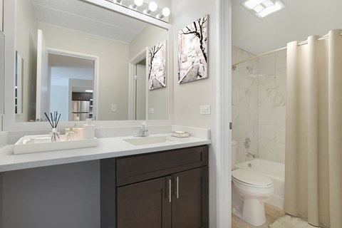 a bathroom with a toilet sink and mirror and a shower