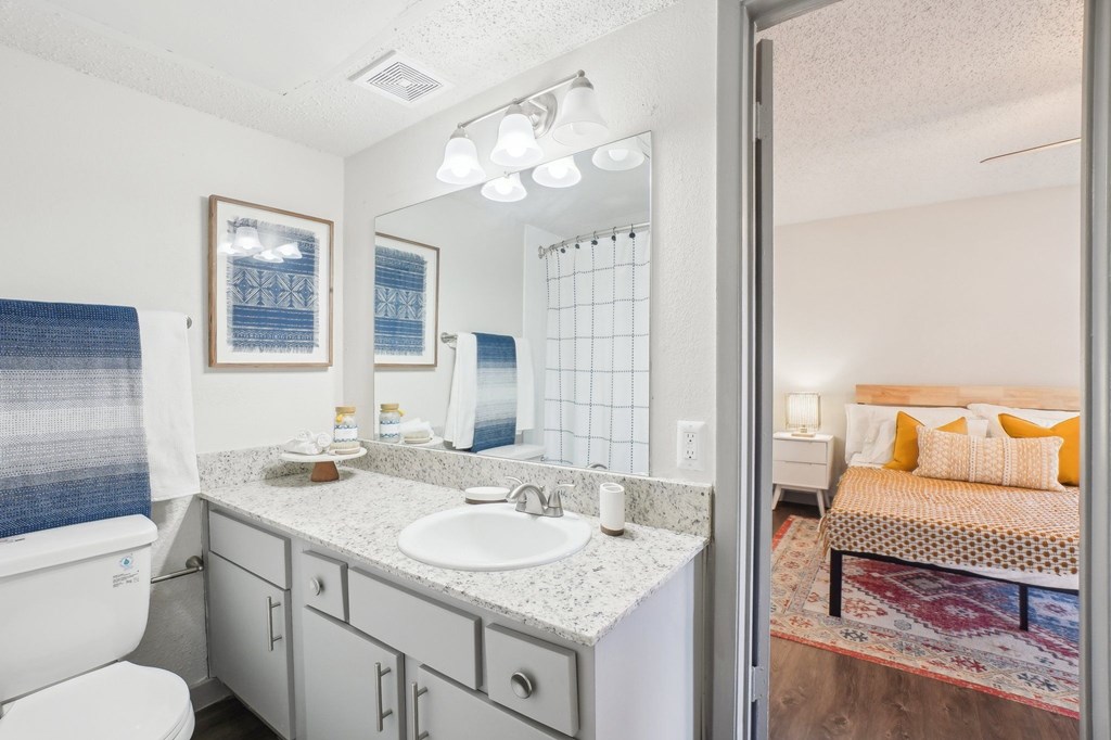 A bathroom with a toilet, sink, and mirror.