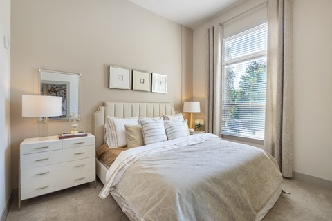 a bedroom with a large bed and a window