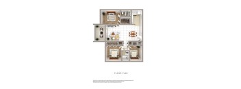 A floor plan of a house with a living room, two bedrooms, a kitchen, and a bathroom.