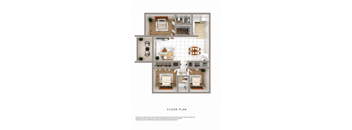 A floor plan of a house with a kitchen, living room, and two bedrooms.