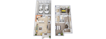 A floor plan shows a living room with a couch and a kitchen area with a sink and stove.