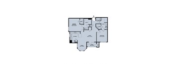 A floor plan of a house with a master bedroom, two bathrooms, a kitchen, a dining room, a living room, and a patio/balcony.