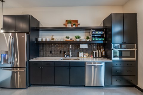A modern kitchen with black cabinets and stainless steel appliances.