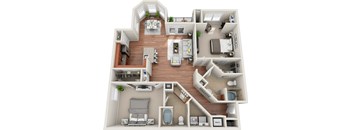 A 3D floor plan of a house with a kitchen, living room, and bathroom.