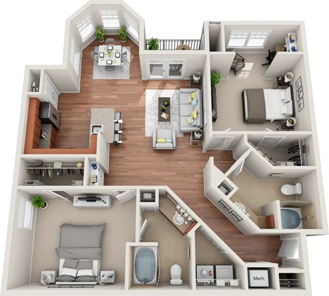 A 3D floor plan of a house with a kitchen, living room, and bathroom.