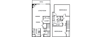 a floor plan of a house with two bedrooms and a bathroom