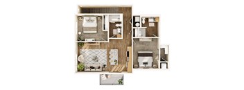 A top-down view of a small apartment layout with a kitchen, living room, and bathroom.