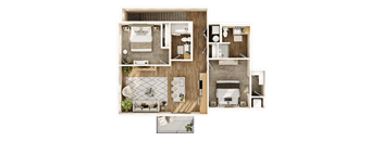 A top-down view of a small apartment layout with a kitchen, living room, and bathroom.