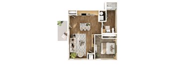 A top-down view of a small, neatly organized apartment with a kitchen, living room, and bathroom.