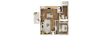 A top-down view of a small, neatly organized apartment with a kitchen, living room, and bathroom.