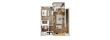 A top-down view of a small apartment with a kitchen, bathroom, and living area.