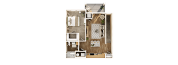 A top-down view of a small apartment layout with a bedroom, bathroom, and kitchen area.
