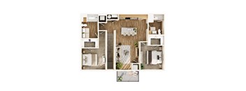 A top-down view of a small apartment layout with a kitchen, living room, and bathroom.