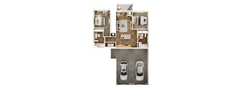 A floor plan of a house with two bedrooms, a living room, a kitchen, a dining room, and two parking spaces.