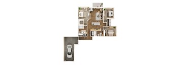 A top-down view of a house layout with a car parked in the driveway.