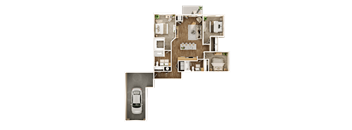 A top-down view of a house layout with a car parked outside.