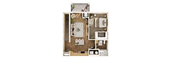 A top-down view of a small apartment layout with a kitchen, living room, and bathroom.