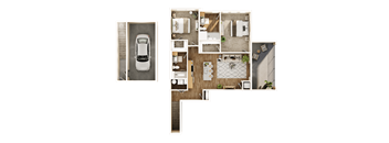A top-down view of a house layout with a car parked outside.