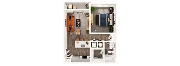 A series of images showing different layouts of a bedroom, living room, and kitchen.