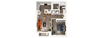 A top-down view of a living room with a couch, a coffee table, and a television.