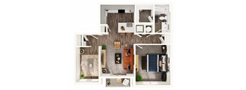 A top-down view of a modern apartment layout with a kitchen, living room, and bedroom.