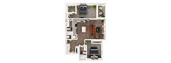 A series of images showing different layouts of a room with a couch, a bed, a desk, a chair, a plant, a clock, a bookshelf, a table, a rug, a door, a window, a