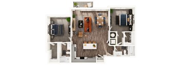 A top-down view of a room with a wooden floor and white walls.