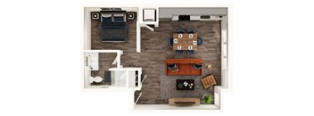 A top-down view of a small apartment with a bed, couch, and kitchen area.