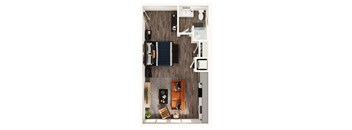 A top-down view of a small apartment with a kitchen, living room, and bathroom.