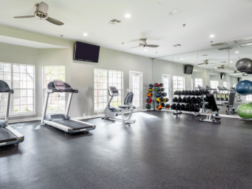 a large fitness room with treadmills and other exercise equipment