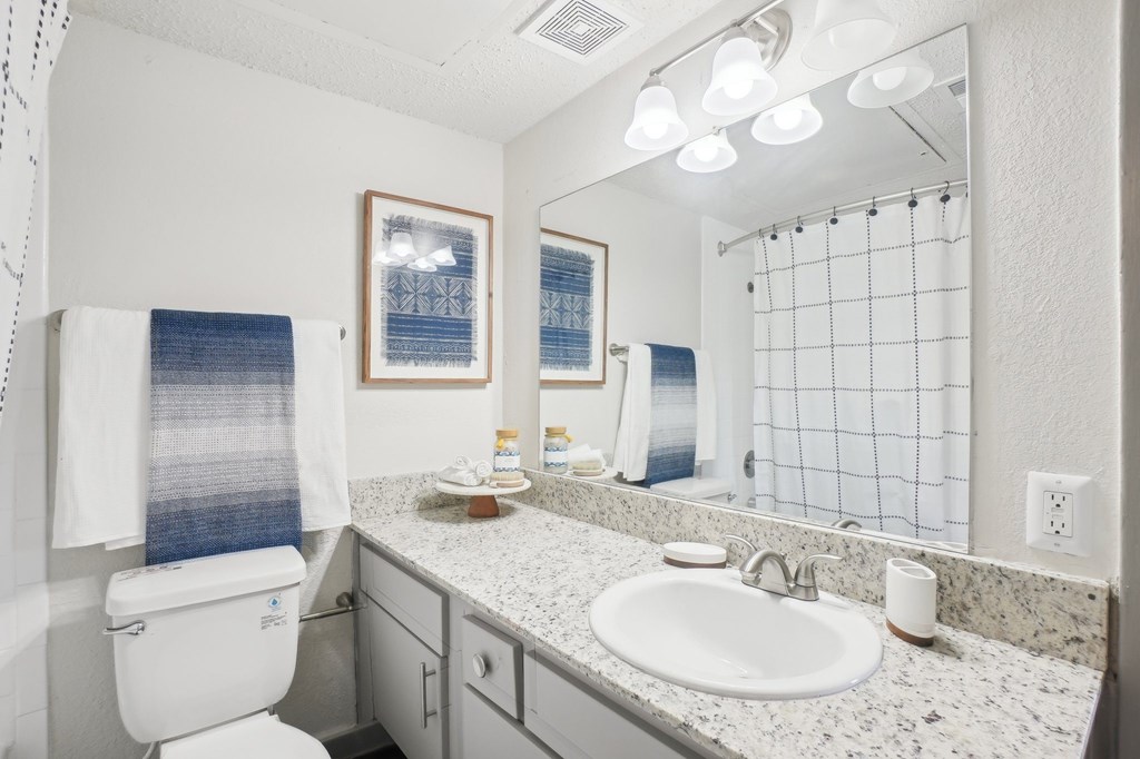 A bathroom with a toilet, sink, and mirror.