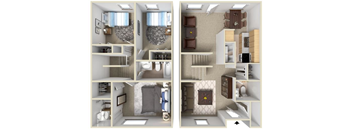 a two story apartment with a kitchen and a living room