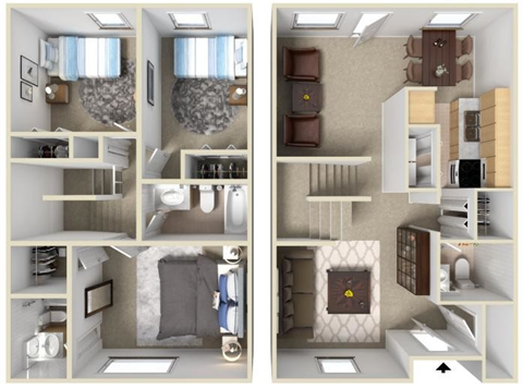 a two story apartment with a kitchen and a living room