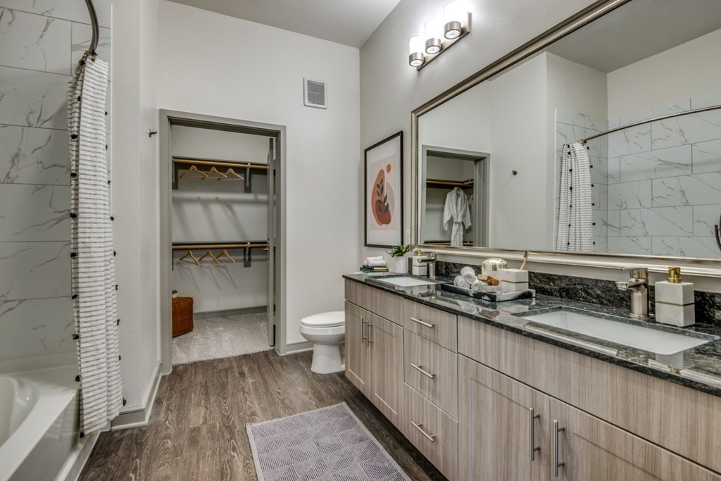 A bathroom with a walk-in shower and a vanity with a mirror.
