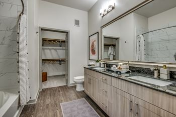 A bathroom with a walk-in shower and a vanity with a mirror.