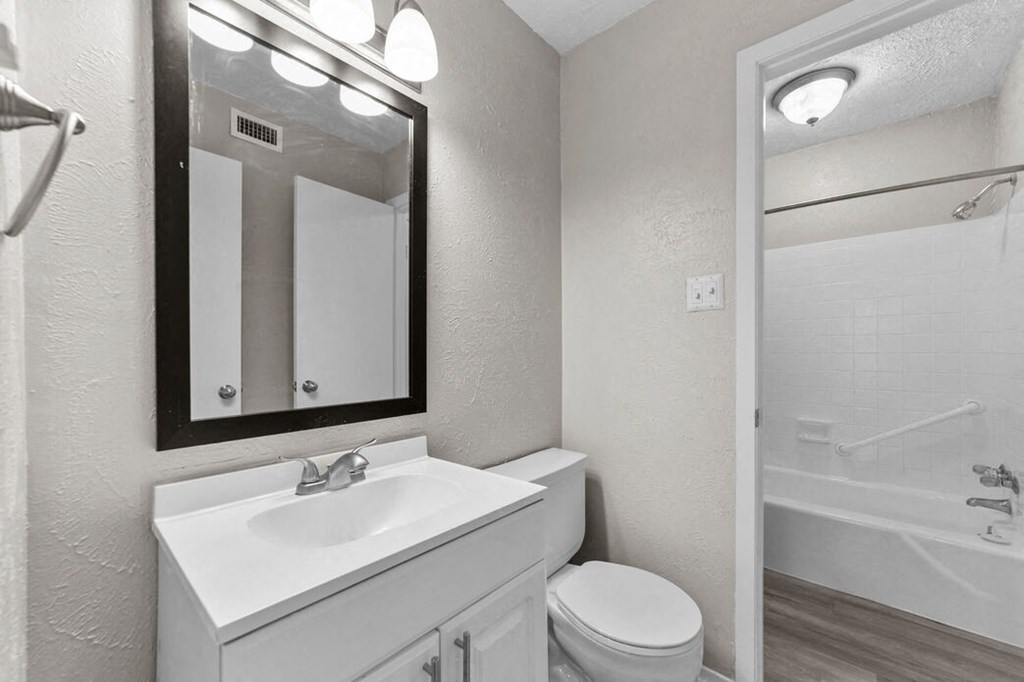 a bathroom with a sink toilet and a mirror