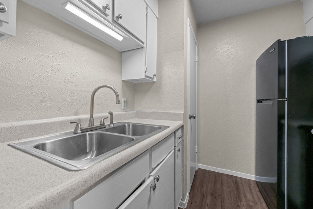 a kitchen with a sink and a refrigerator