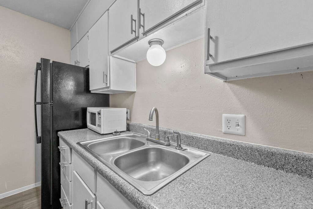 a kitchen with a sink and a refrigerator