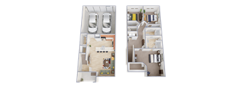 Two floor plan images of a house with two bedrooms, two bathrooms, a living room, a kitchen, and a garage.