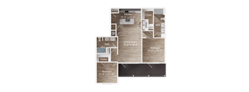 2-bedroom apartment entry next to closet, faces kitchen with island, laundry closet, and a coat closet. Living room to right with large balcony. Bedroom 1 with closet. Bedroom 2 with dual vanity bath, walk-in closet.