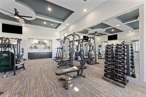 A spacious gym with a variety of equipment including treadmills, weights, and exercise machines.