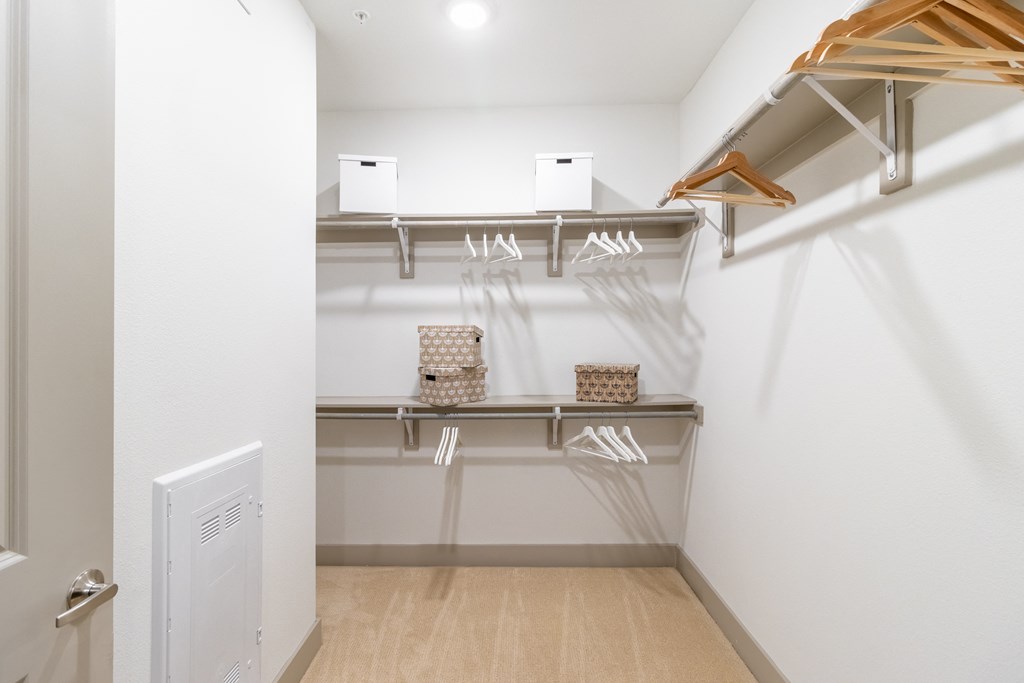a spacious walk in closet in a 555 waverly unit