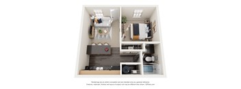 a stylized floor plan with a bedroom and a living room