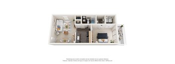 a stylized 3d floor plan with a bedroom and a living room