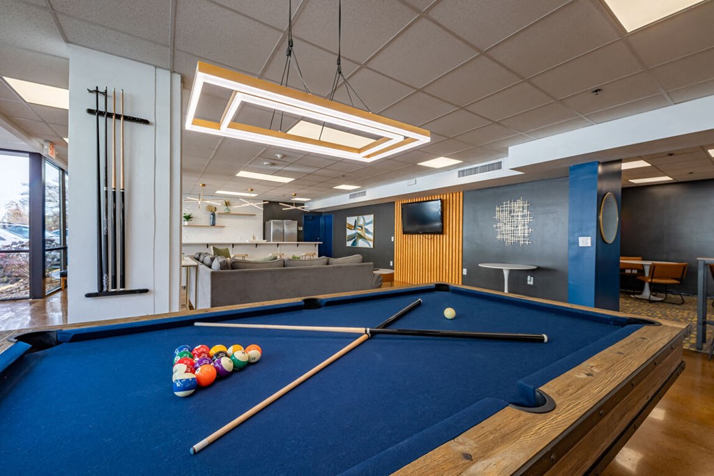 a pool table in a room with a tv