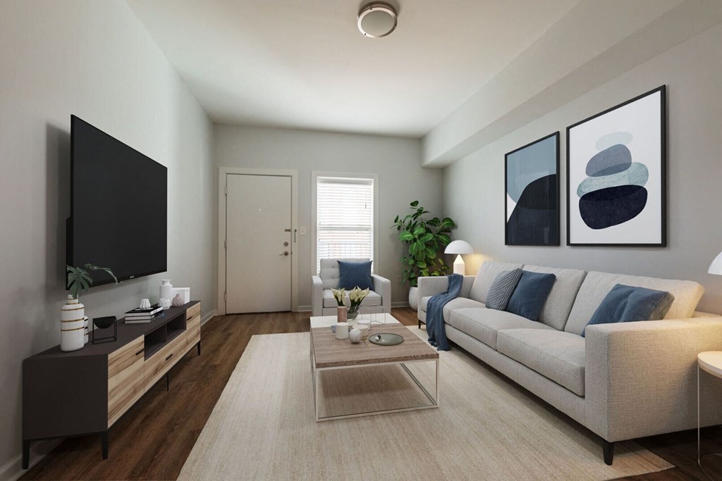 a living room with a couch and a coffee table