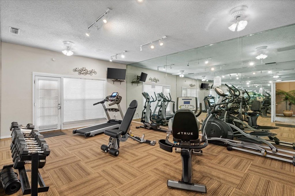 A gym with a variety of equipment including weights and cardio machines.