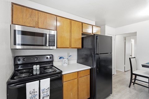 A kitchen with a black refrigerator and stove.