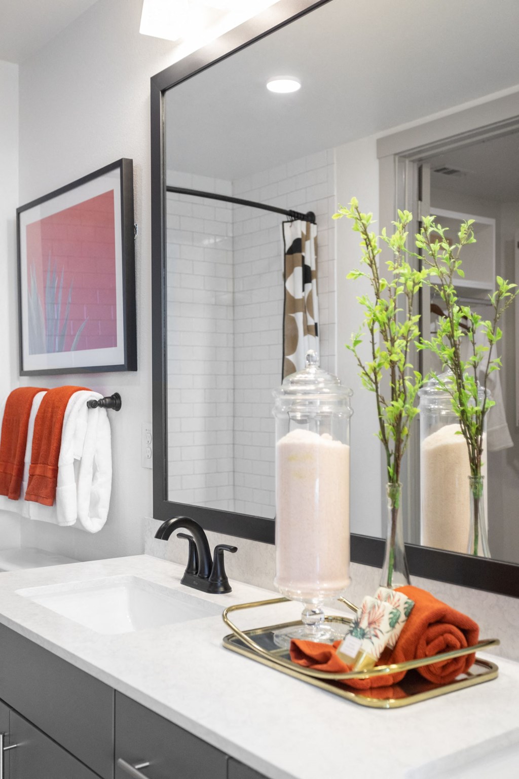 a bathroom with a sink and a mirror and a vase with a plant